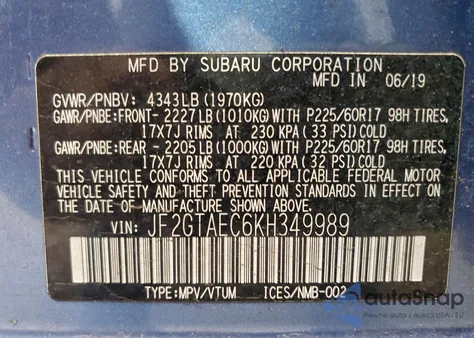 2019 Subaru Crosstrek Premium from USA, damaged, VIN JF2GTAEC6KH349989